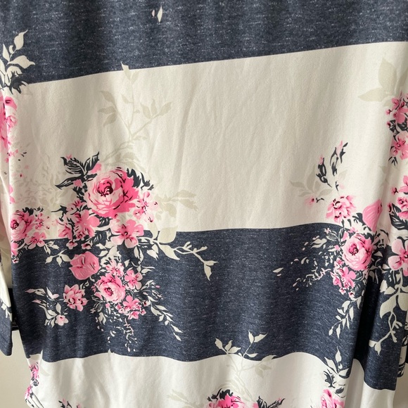Dark blue with pink & cream wide striped and floral 3/4 sleeved stylish shirt - Picture 2 of 3